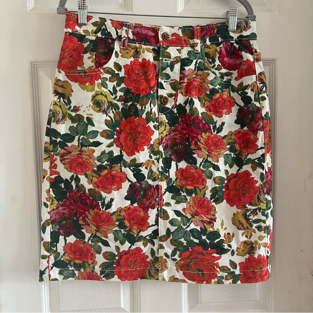 Anthropologie Floral Pencil Skirt - Red and Green